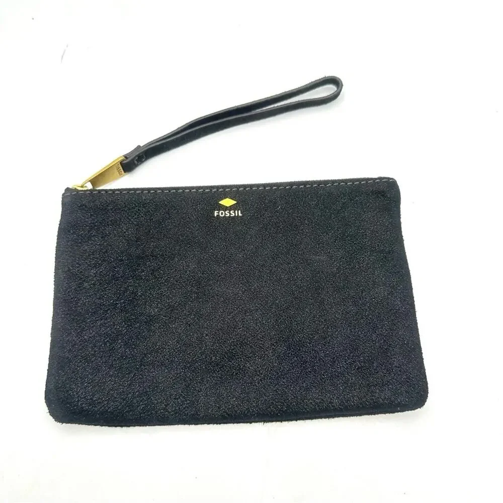 FOSSIL women's black leather wristlet zipper closure
